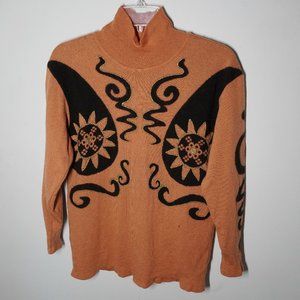 Vtg 100% P.N. Wool Turtleneck Embroidered Sweater